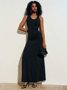 Zivah 2026 Casual Linen U-Neck Splicing 2 In 1 Knitted Black Long Dress For Vacation - Black - View 9