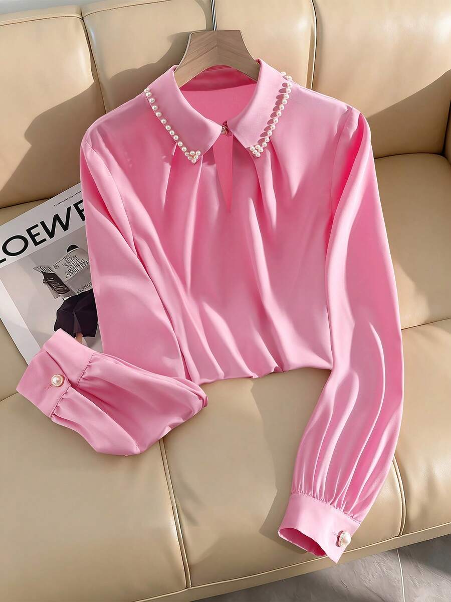 Franclia Plus Size Women Elegant Commuter Pearl Decor Blouse - Pink - View 1