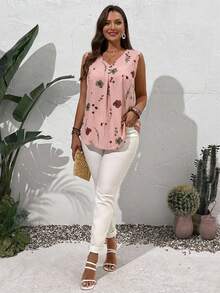 EMERY ROSE 大码夏季乡村风V领印花无袖衬衫，休闲款 - 粉色 - 查看 5