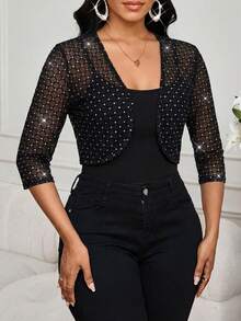 SHEIN Lady 女士水钻网眼开襟七分袖短款轻薄外套 - 黑色 - 查看 5