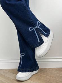 EURMUSE High Waist Regular Fit Casual Style Side Split Hem Detailed Dark Blue Raw Wash Button Front Straight Jean - Dark Wash - View 4