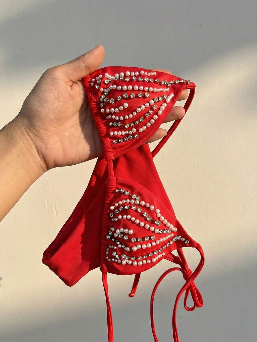 Swim SXY Conjunto de bikini con parte superior de atar con cuentas y cuello halter - Rojo - Ver 1