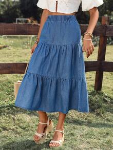 Breezaya Chân váy denim ngắn xếp ly bèo nhún, màu trơn, cạp chun, kiểu dáng thường ngày, thích hợp cho mùa hè. - Màu xanh lam - Xem 5