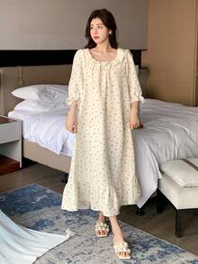 Dazy Kids 少女碎花荷叶边睡裙家居服 - 杏色 - 查看 3