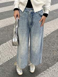 DAZY 西部牛仔风做旧水洗直筒九分牛仔裤，适合秋冬季女士休闲穿着 - 淺色水洗藍 - 查看 4