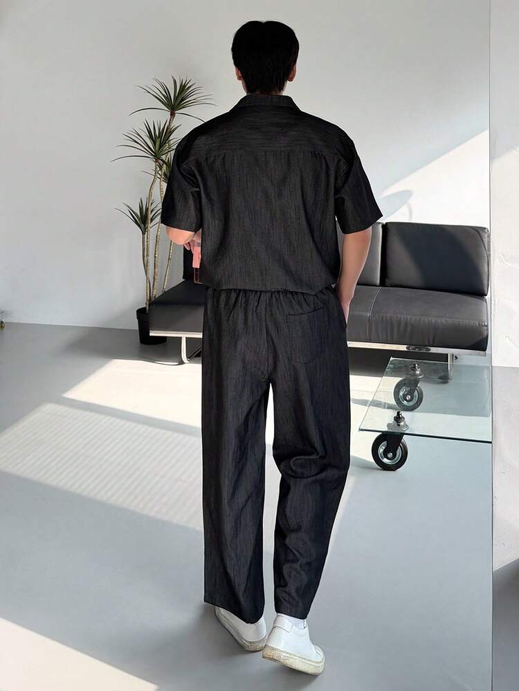 Men's Short Sleeve Shirt And Pants Set, Dark Grey, Spring/Summer