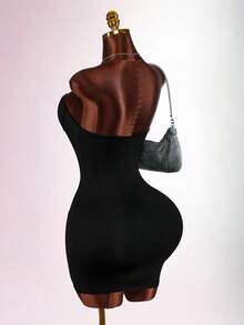 Amplova W型钢圈文胸束腰网纱拼接无肩带迷你连衣裙，纯色休闲时尚度假性感连衣裙 - 黑色 - 查看 7