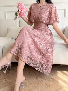 DAZY Đầm dài nữ cổ tròn xếp ly, thắt eo thanh lịch, thích hợp cho hẹn hò và tiệc tùng. - Hồng - Xem 4