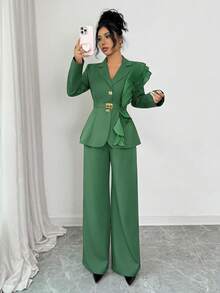Elenzga Bộ vest nữ thu đông thanh lịch, sang trọng bằng chiffon lấp lánh cổ bèo nhún thắt eo: Áo blazer dài tay ôm dáng + Quần ống đứng, có túi, màu đỏ rượu vang - Màu xanh Bạc hà - Xem 4