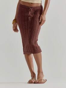 MUSERA Tie Front Mid Waist Fitted Midi Crochet Skirt Cute Beach Coverup Summer Spring Holiday Going Out Swim Sexy Crochet Knit - Coffee Brown - View 2