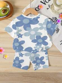 Bộ đồ mùa hè cho bé gái, gồm áo thun ngắn tay cổ tròn và quần short in hình thỏ và hoa, kiểu dáng ngọt ngào dễ thương, thích hợp cho dã ngoại và kỳ nghỉ. - Nhiều màu - Xem 2