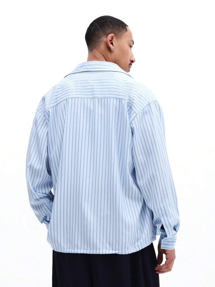 SUMWON Men Striped Long Sleeve Button Down Shirt With Drawstring Hem Regular Fit Collared Casual Business Shirt Spring Summer Office Workwear