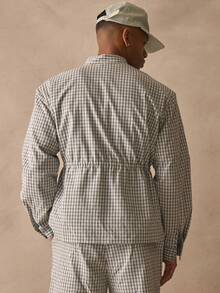 Musero 隐藏式门襟，通体格纹印花高领夹克，纽扣细节，长袖落肩上衣，春夏必备单品 - 綠色 - 查看 4