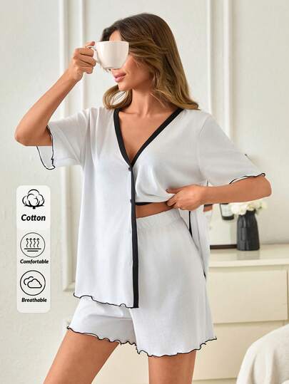 SHEIN Contrast Piping Detailed With Front Buttons Shirt Solid White Color Short Sleeve With Shorts 2 Pieces Pajama Set
