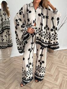 Women's Bohemian Style Casual Long Sleeve Printed Shirt And Pants 2 Pieces Set - White - View 6