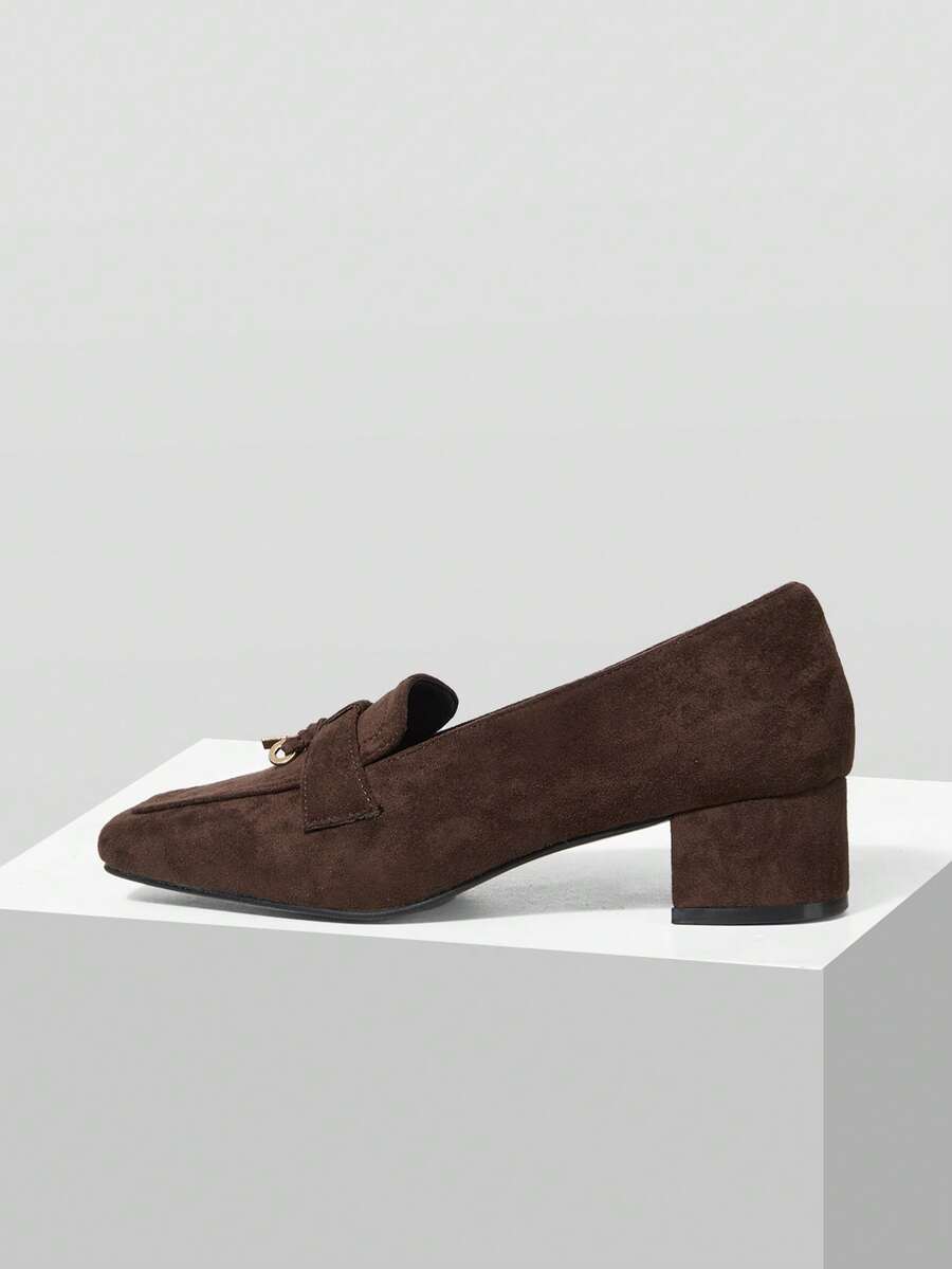 Mnmlis Women's New Thick Heel Loafers, Fashionable Suede Metal Buckle Square Toe Shoes - Coffee Brown - View 1