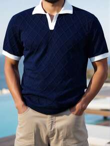 Manfinity Homme Camiseta casual de punto de manga corta con contraste de color para hombre - Azul Marino - Ver 1