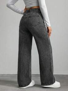 EURMUSE Quần jeans ống đứng cạp cao giặt thường ngày - Màu Xám nhạt - Xem 2