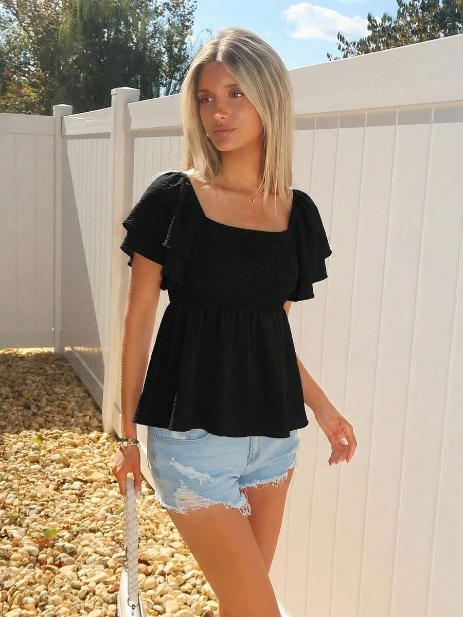 Sydney Algeri Square Collar Crop Top With Ruched Hem And Layered Flutter Sleeves In Black Peplum Top - Black - View 1