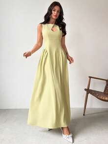Firerie Vestido casual de oficina elegante y minimalista para uso diario, de textura de bambú sólido verde, sin mangas, con cintura hueca y plisado en línea A hasta la pantorrilla, adecuado para vacaciones, viajes, días festivos, primavera/verano, nueva llegada - Verde - Ver 6