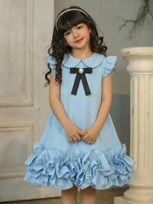 SHEIN Young Girl Color Block Peter Pan Collar Bow Decor Ruffle Hem A-Line Dress,College Style Dress,Spring/Summer Ramandan Style Matching Family Vacation - Blue - View 6