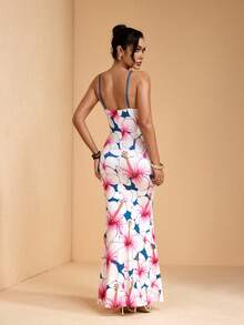 JIAN LASALA All-Over Floral O-Ring Print Deep V Spaghetti Straps Front Slit Women Long Dress Elegant Summer - Multicolor - View 2