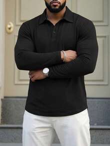 ResortEase 大码男士纯色前扣长袖休闲纯色 Polo 衫，适合秋季外出穿着 - 黑色 - 查看 2