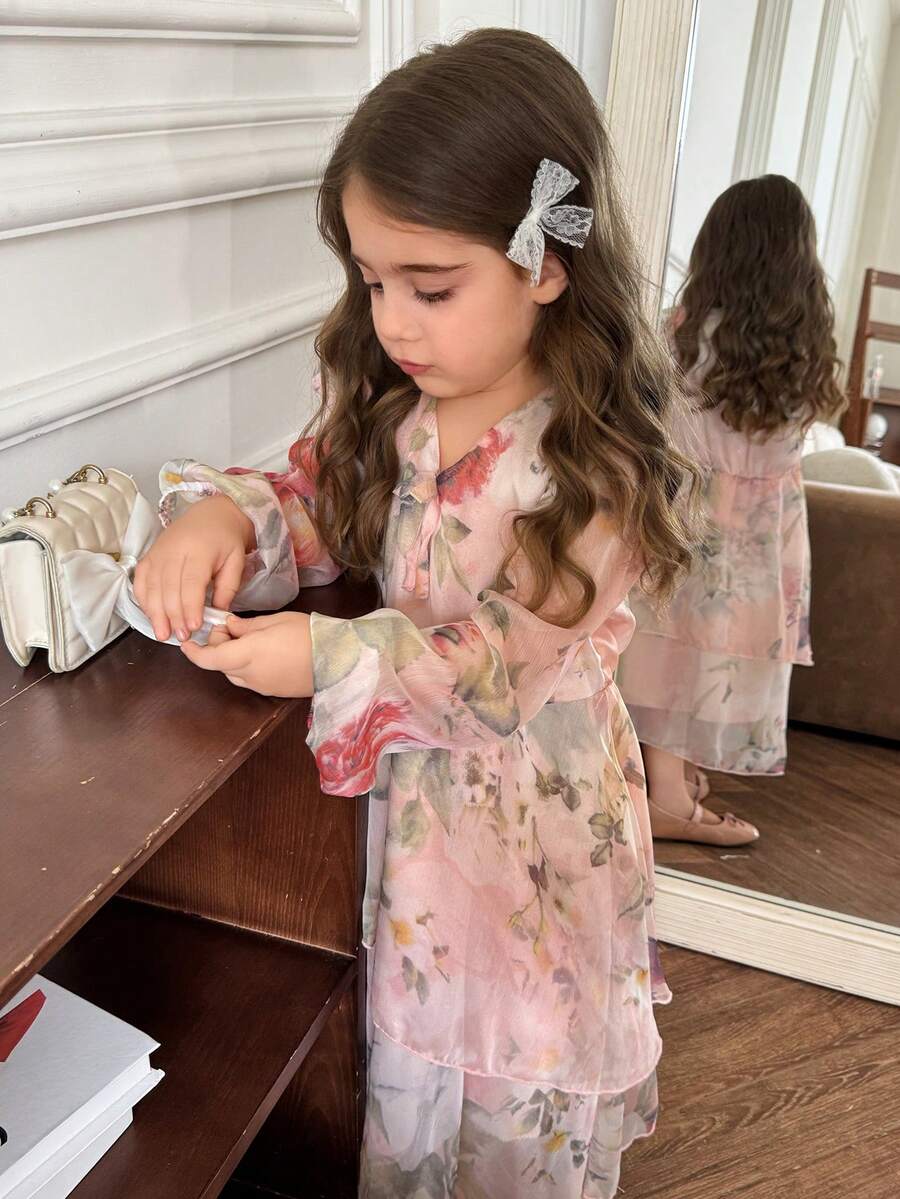 DAZY 女童优雅碎花连衣裙，春夏款 - 粉色 - 查看 1