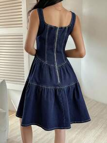 DAZY Cotton Decorative Cinched Waist Vacation Wide Strap Women's Denim Dress, Spring & Summer Sun Dresses For Women - Blue - View 2