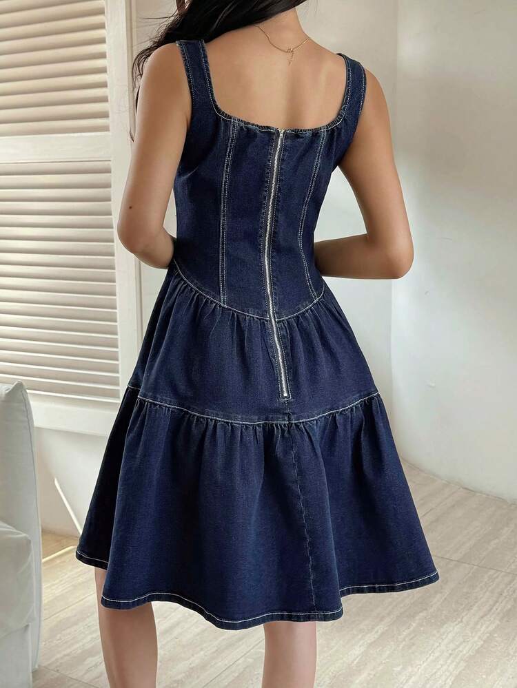 Cotton Decorative Cinched Waist Vacation Wide Strap Women's Denim Dress, Spring & Summer