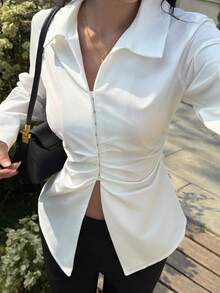 Livesso Blouse blanche élégante à col et taille cintrée, style décontracté pour l'été - Blanc - Voir 1