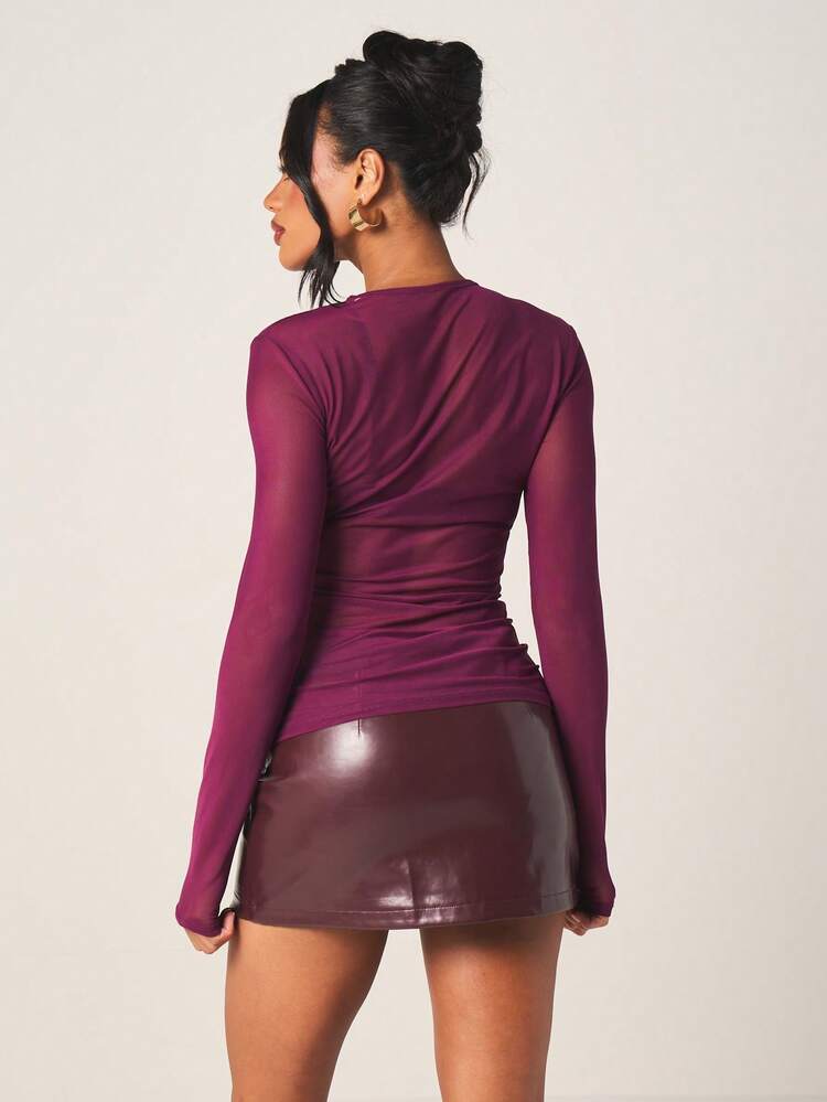 MISSGUIDED Women's Long Sleeve Burgundy Mesh Semi Sheer Crew Neck Fitted Bodysuit Top For Layering Fall Winter Evening