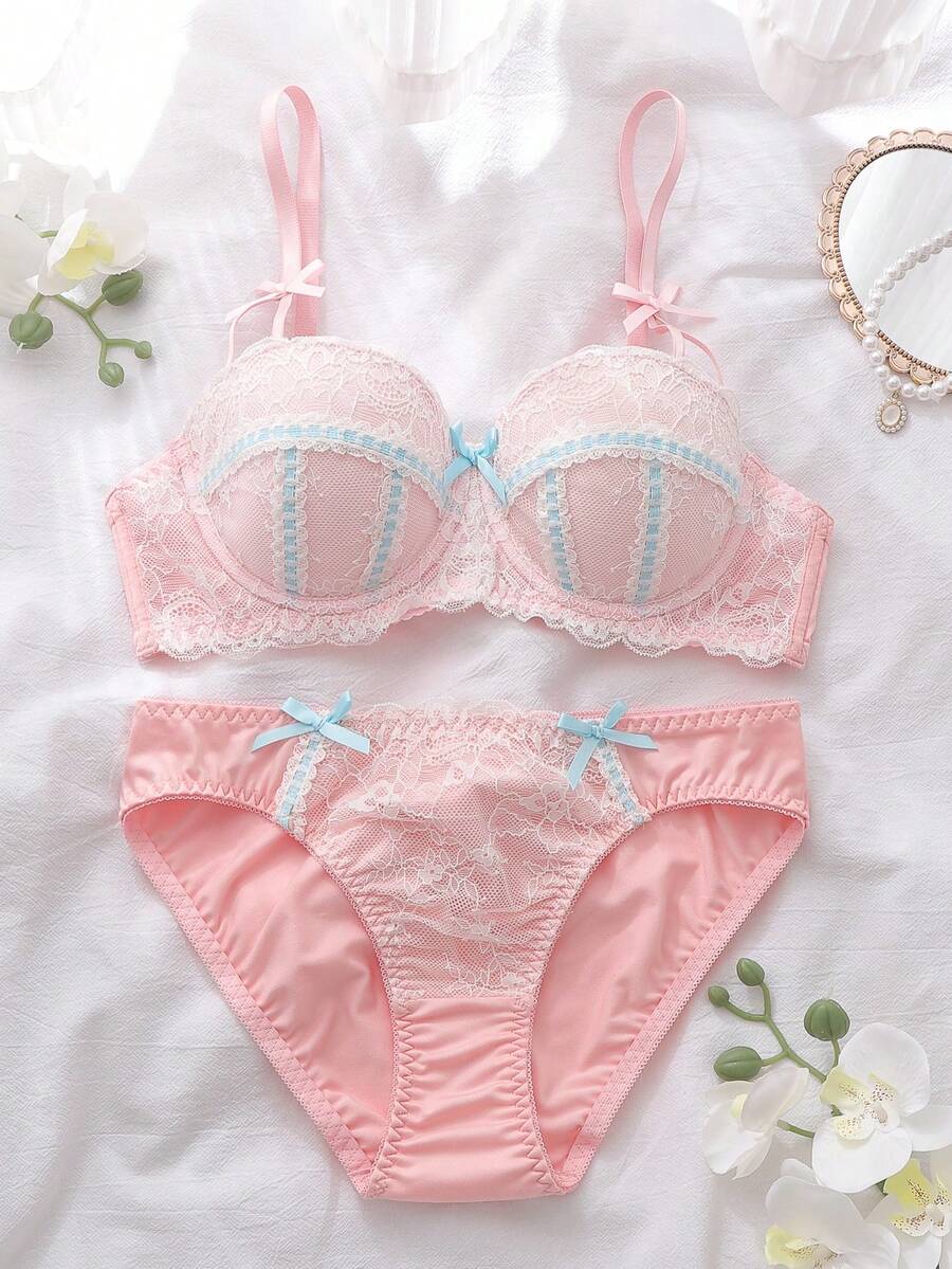 Soft Pink Contrast Lace Lingerie Set, 3D Bow Trim Bandeau Bra And Panty - Pink - View 1