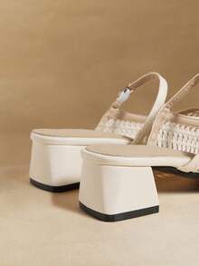 Rosivie Minimalist Modern Black Woven Mule Slides, Square Toe Chunky Heel Mary Jane Backless Sandals Summer - Apricot - View 4