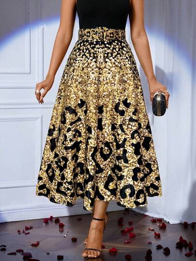 SHEIN Lady Women's Fashion Party Banquet Sequin Leopard Print Tie Waist Umbrella Hem Skirt