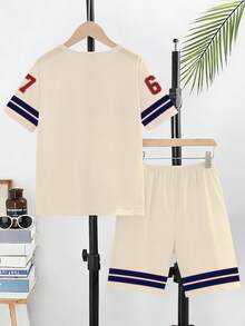 Spring And Summer 5-Piece Set: Casual Stylish Tee With Creative 67 Star Graphic, Striped Pattern, And Slogan Print, Paired With Comfortable Shorts. Suitable For Boys Everyday Wear In Spring And Summer - Multicolor - View 2