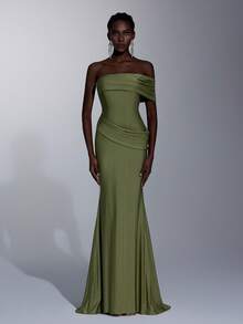 Elitara 优雅军绿色高弹针织不对称肩部褶裥不对称腰线鱼尾裙摆连衣裙，简约时尚，适合约会、婚礼、度假、海滩、单身派对、毕业典礼、女士晚礼服等场合。 - 軍綠色 - 查看 1