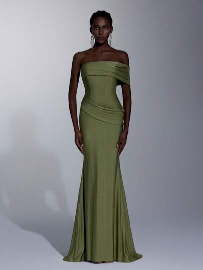 Elitara Đầm dạ hội màu xanh quân đội thanh lịch, chất liệu co giãn cao cấp, thiết kế bất đối xứng vai, xếp ly bất đối xứng eo, dáng đuôi cá, tối giản và sang trọng, phù hợp cho các buổi hẹn hò, đám cưới, kỳ nghỉ, đi biển, tiệc độc thân, lễ tốt nghiệp, hoặc làm đầm dạ hội cho nữ.