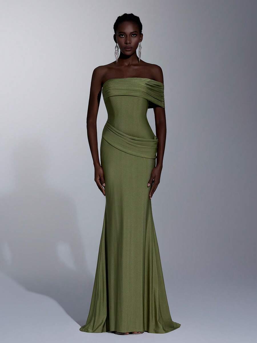 Elitara 优雅军绿色高弹针织不对称肩部褶裥不对称腰线鱼尾裙摆连衣裙，简约时尚，适合约会、婚礼、度假、海滩、单身派对、毕业典礼、女士晚礼服等场合。 - 軍綠色 - 查看 1