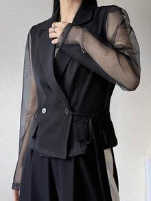 FRIFUL Women's Fashion Commuter Mesh Patchwork Double-Breasted Blazer - Black - View 4