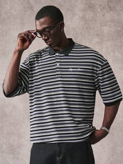 STYNVO Men's Letter Embroidery Striped Short Sleeve Casual Polo Shirt