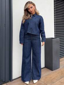 Jeta Ari 女式休闲短款领上衣和宽松牛仔裤套装 - 藍色 - 查看 5