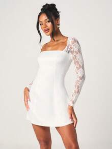 MISSGUIDED White Lace Sleeve Bodycon Mini Dress With Open Back Tie Detail For Party Cocktail Evening Occasions - White - View 1