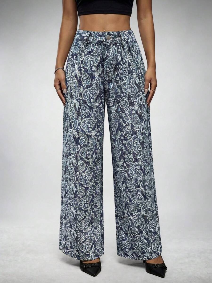 SHEIN Tall 女士复古佩斯利印花牛仔裤 - 彩色 - 查看 1