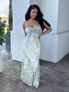 Alexandranx 女士夏季沙滩度假长款连衣裙，宽松优雅印花吊带杏色连衣裙，适合夏季穿着，也适合毕业典礼、教师节等场合。 - 彩色 - 查看 4