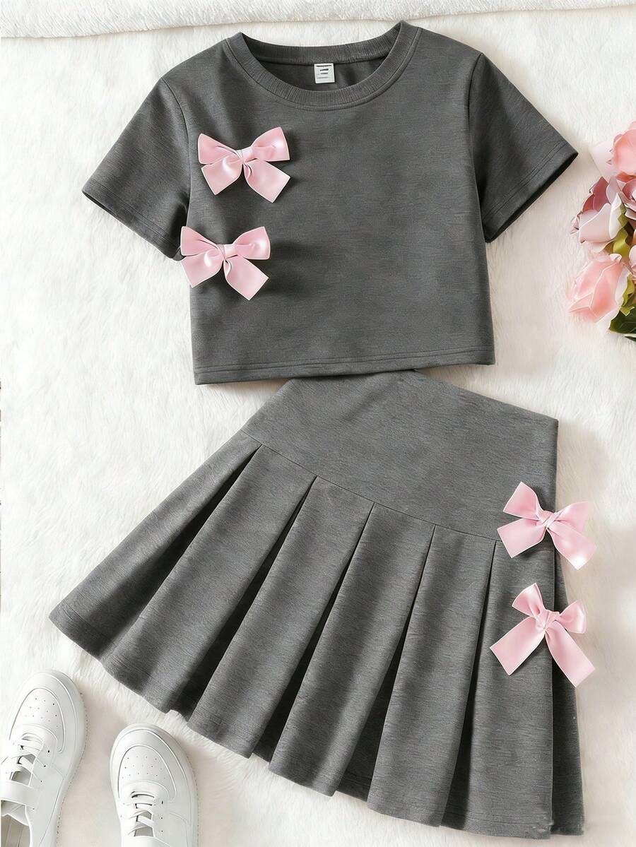 Tween Girls' Casual Everyday Commute School Style Contrast Color Bow Decor Short Sleeve T-Shirt & Pleated Mini Skirt Set, Summer