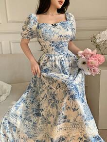 Celisse Đầm dài thanh lịch màu xanh dương phối ren hoa dành cho nữ - Màu xanh lam - Xem 1