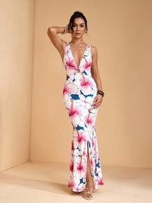JIAN LASALA All-Over Floral O-Ring Print Deep V Spaghetti Straps Front Slit Women Long Dress Elegant Summer - Multicolor - View 3