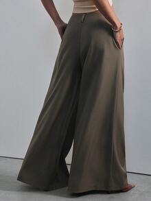 Hauture Women's Fashionable Solid Color Mid-Rise Wide Leg Pants, Old Money Aesthetic, Autumn Office Work Outfits, Elegant, Brunch Olive Green - Dark Grey - View 6
