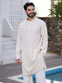 DAZY Mid-Length Apricot Side Slit Design Long Sleeve Men's Shirt, Summer - Multicolor - View 4